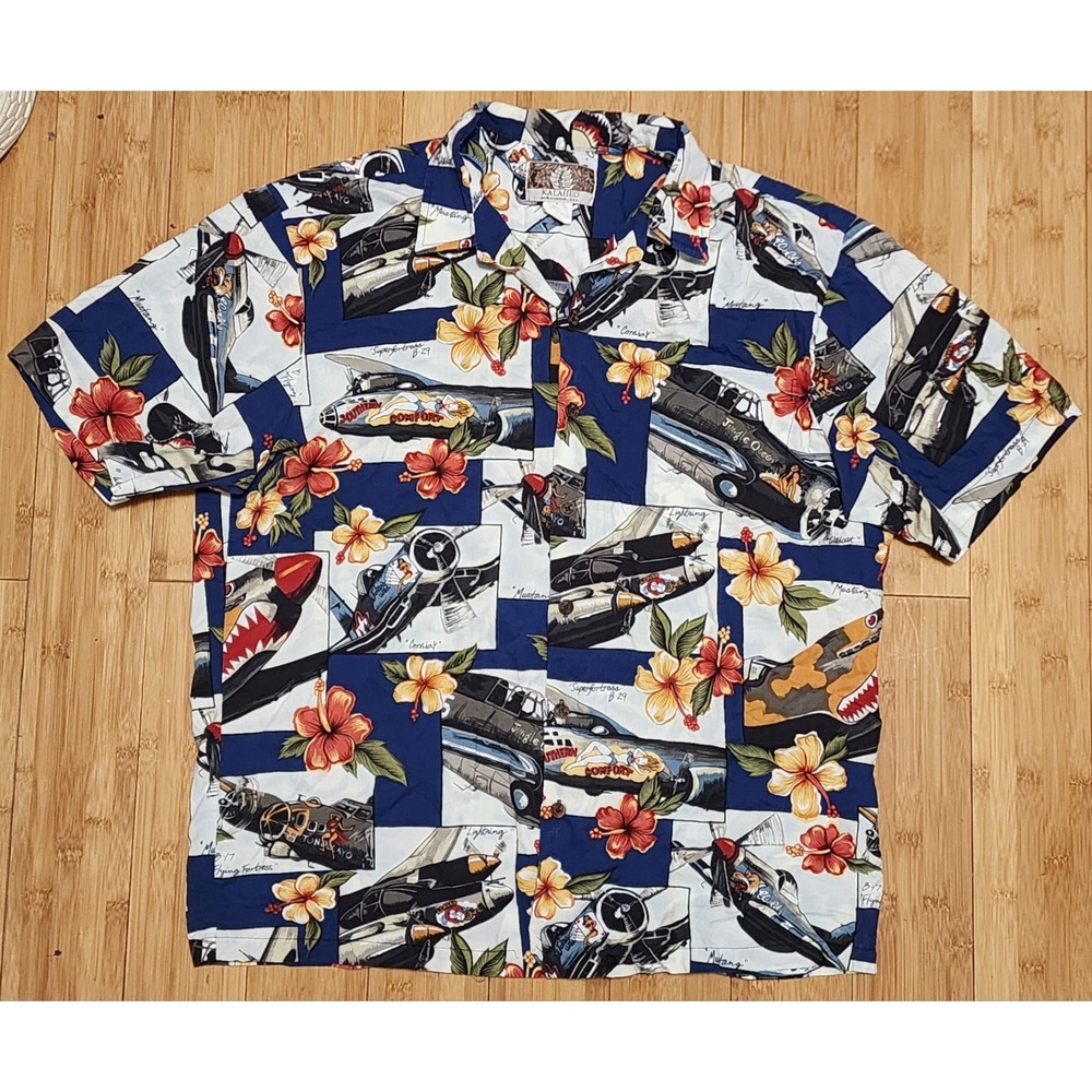Kalaheo Hawaiian Shirt Mens Large WW2 Bomber Planes B29 B17 USA Made Aloha Navy